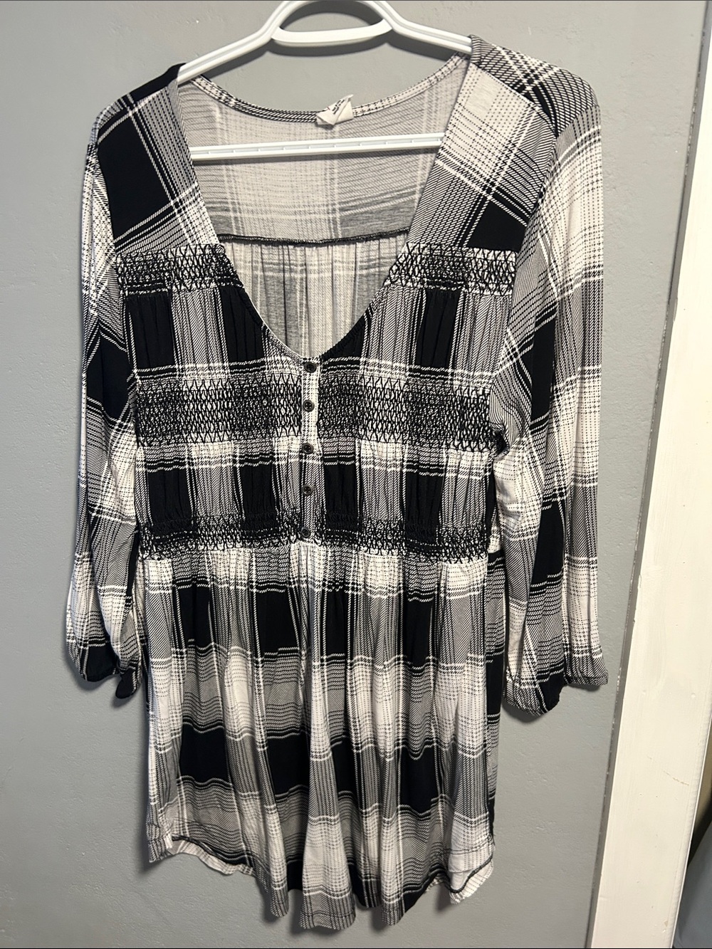 DC Black and White Plaid Smocked V-Neck Tunic